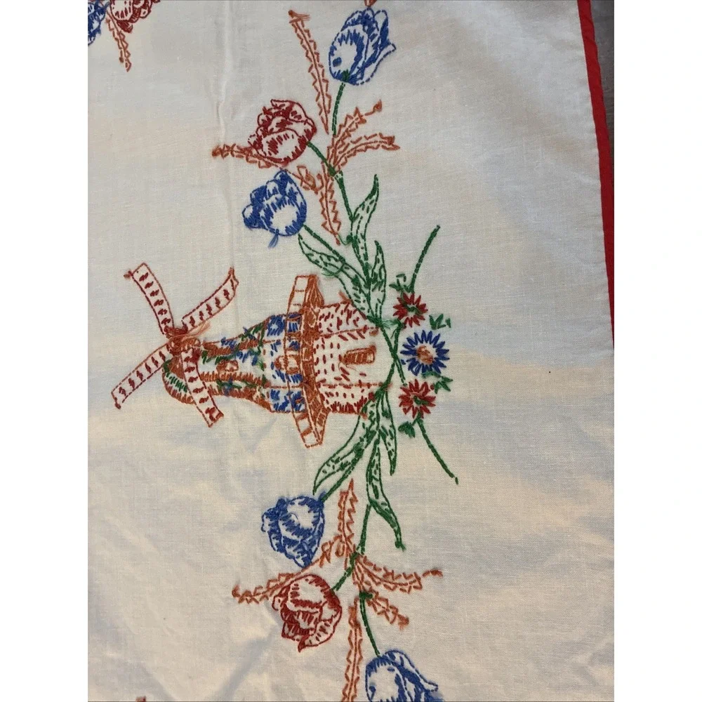 VTG White Linen Table Topper Hand Embroidered Tulips Windmills 32x33
